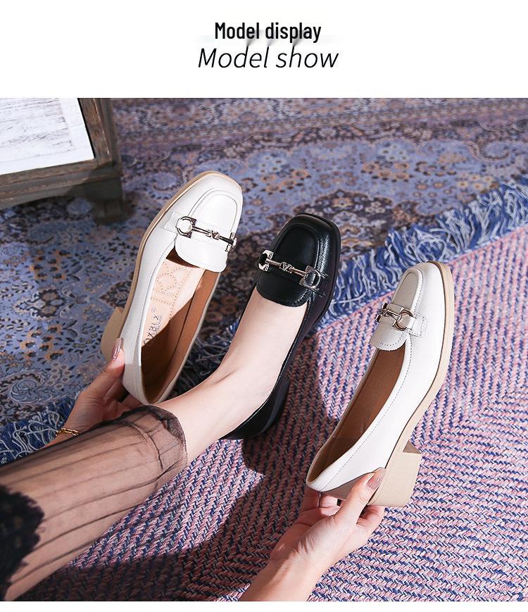 Women's 2026 New Style Black Leather Loafers - Soft Sole, Comfortable, Low-Cut Chunky Heel, Square Toe, Spring/Autumn.
