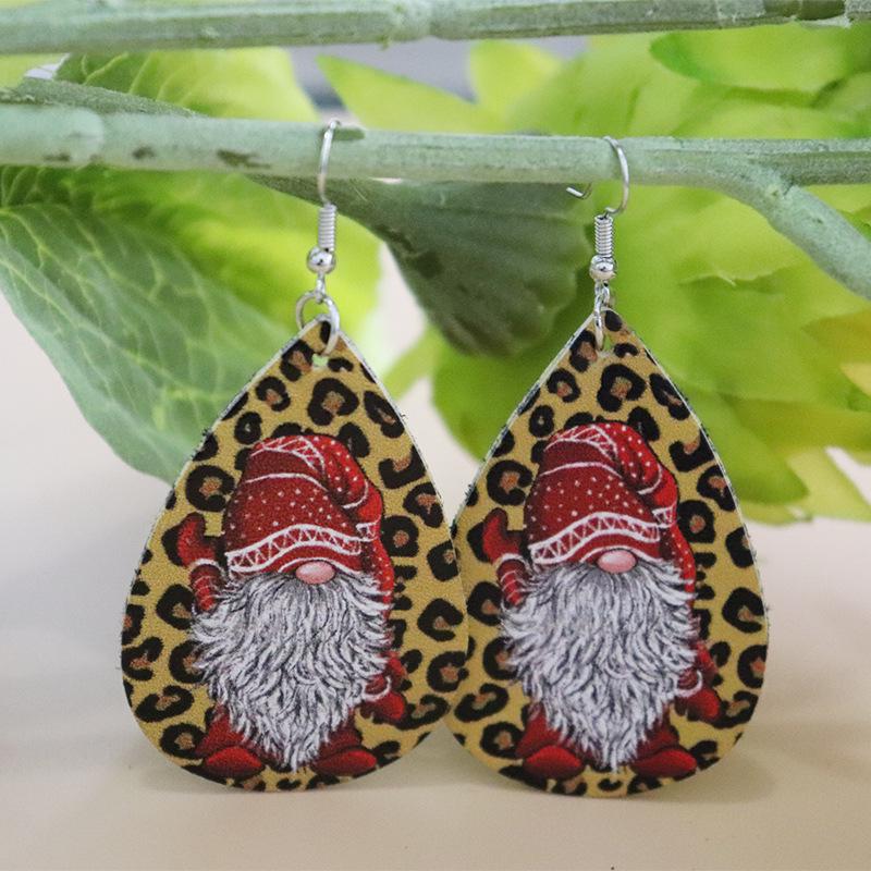 New European & American Christmas Series Santa Claus Leopard Print Double-Sided PU Leather Earrings