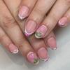 24 Pcs Short Oval False Nail Sweet Flowers Artificial Nail French Tip Stick On Nail Glossy Press On Nail for Woman