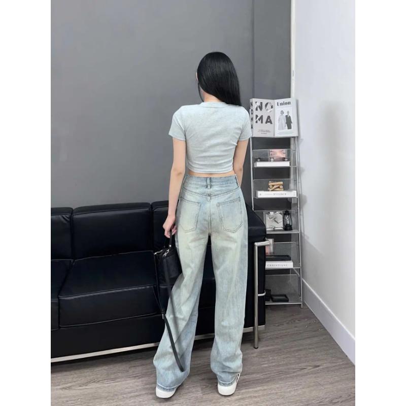 Retro Blue Texture Loose Straight Jeans Women Summer New High Waist Slimming Drape Versatile Mopping Casual Wide Leg Pants