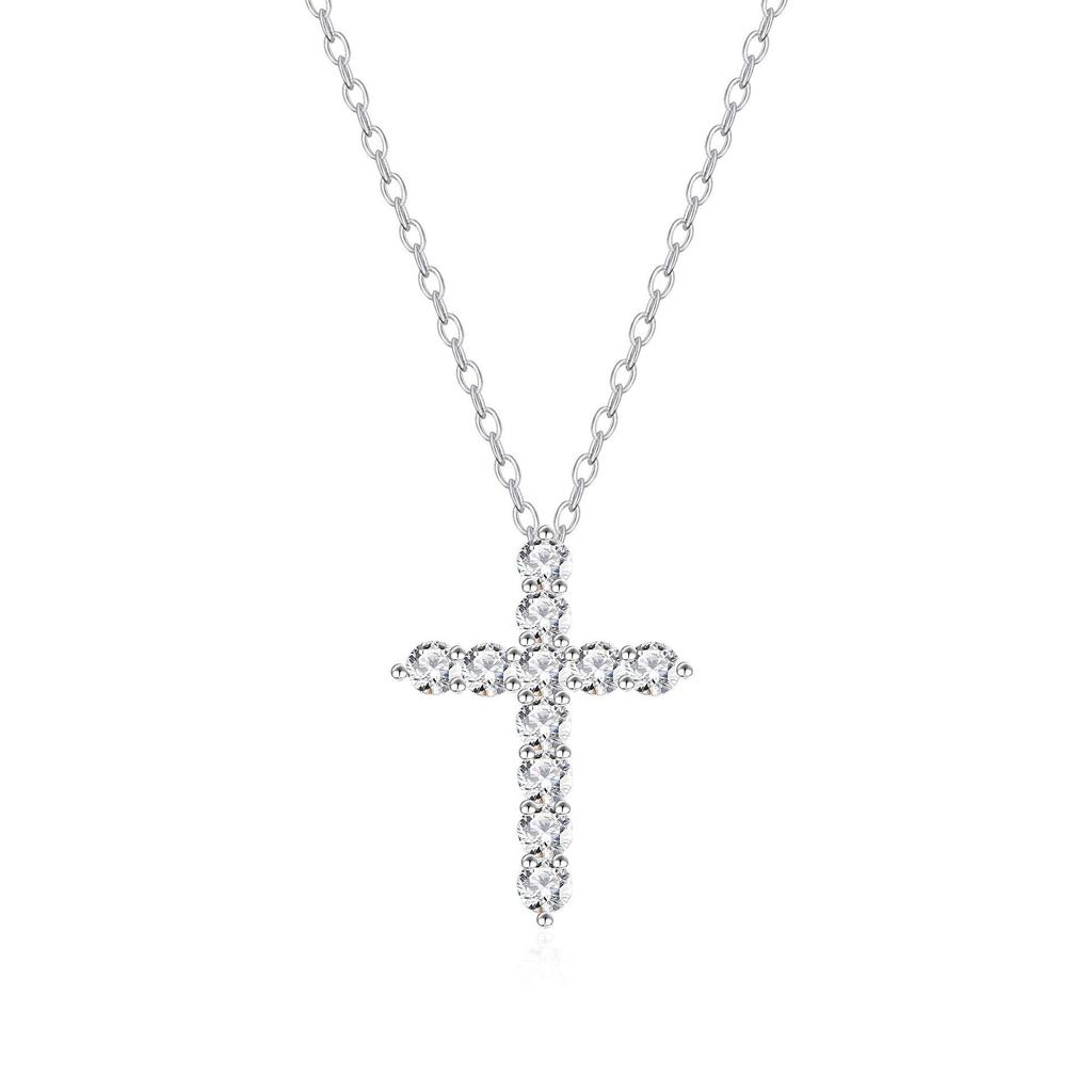 S925 Sterling Silver Cross Necklace with Full Diamond Pendant, Classic Pave Style, Versatile Fashion Clavicle Chain for Women.