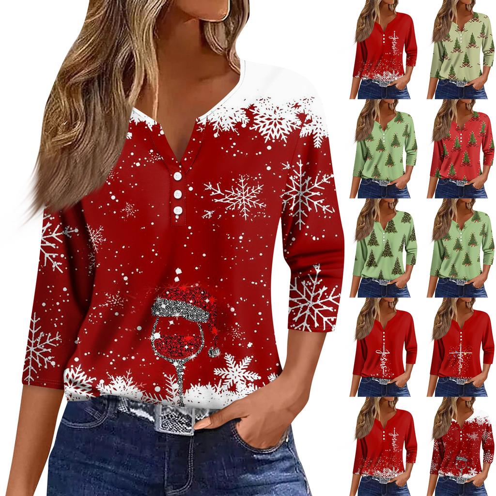 Women's Fashion Casual Three-quarter Sleeve V-neck Floral Print Top