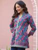 Blue Floral Print Mandarin Collar Pintucks Top
