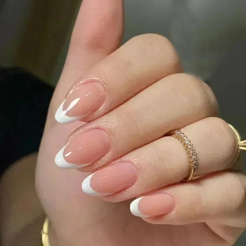 24Pcs French Almond False Nails Pink Stiletto Press On Nails With White Edge Design And Glue Simple Wearable Nail Tips