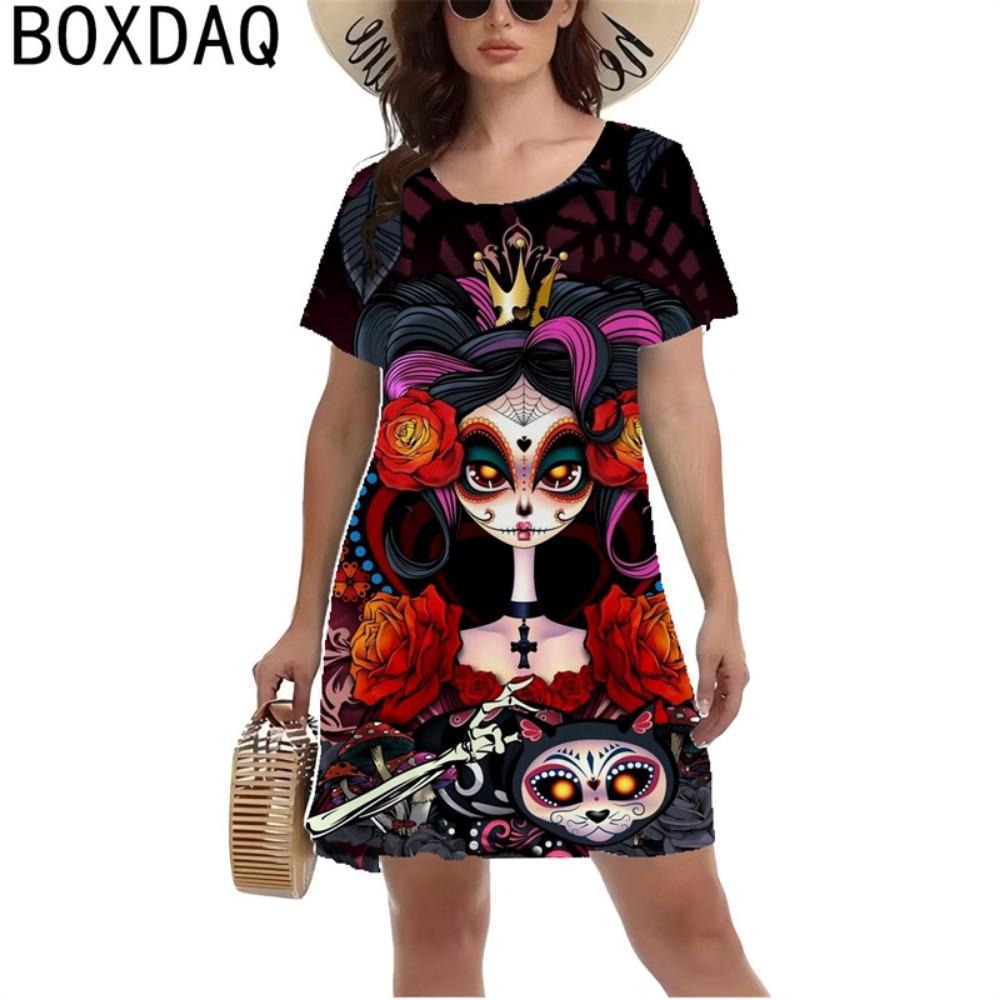 3D Horror Totenkopf Retro Stil Damen Y2K Stil Rosenmuster Minikleid Kurzarm O-Ausschnitt Lässig A-Linie Kleid Sommer