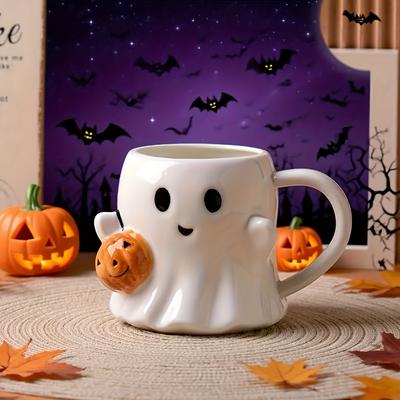 1 caneca de cerâmica de Halloween com design de abóbora fofa, 600ml de grande capacidade, segura para lava-louças, reutilizável, caneca branca durável com alça preta