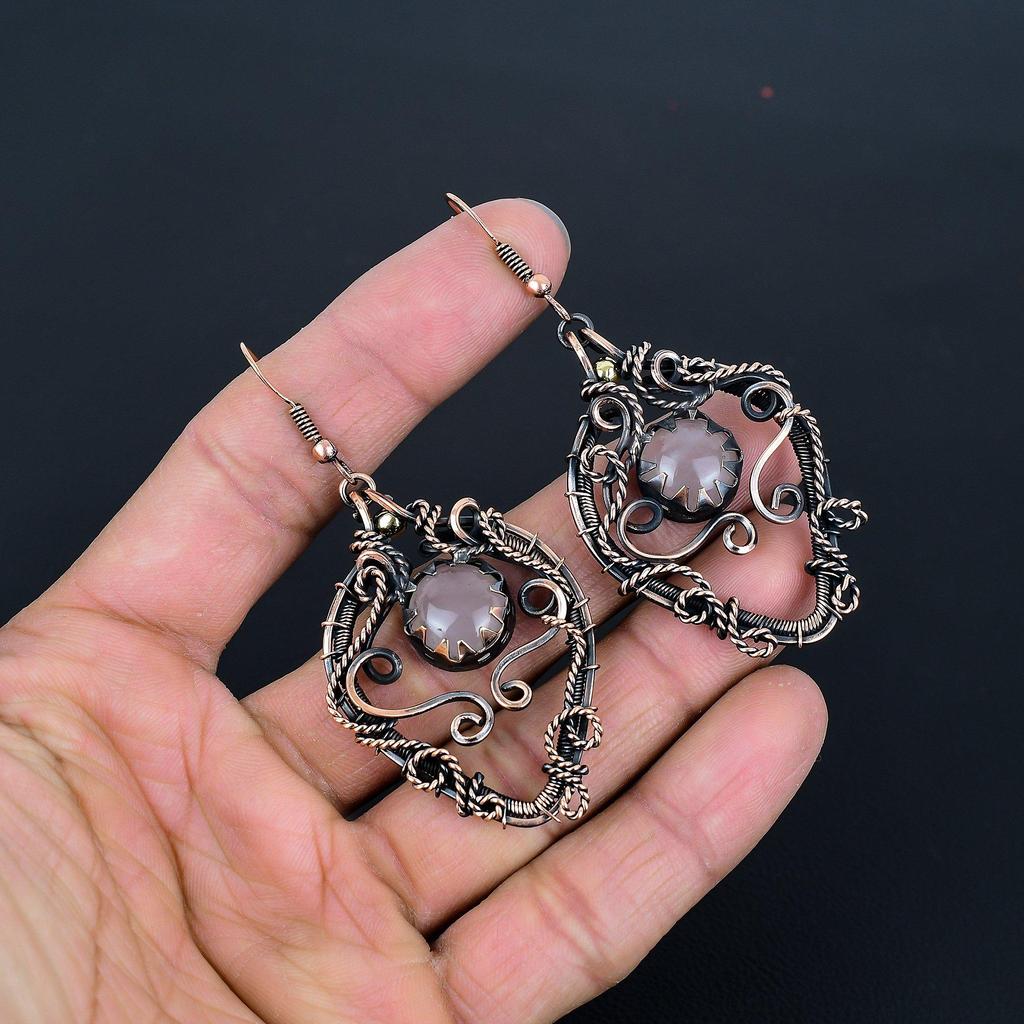 Rose Quartz 999 Copper Wire Wrapped Earrings, Handmade Gemstone Earrings Jewelry, Gifts For Wife Brand New Earrings