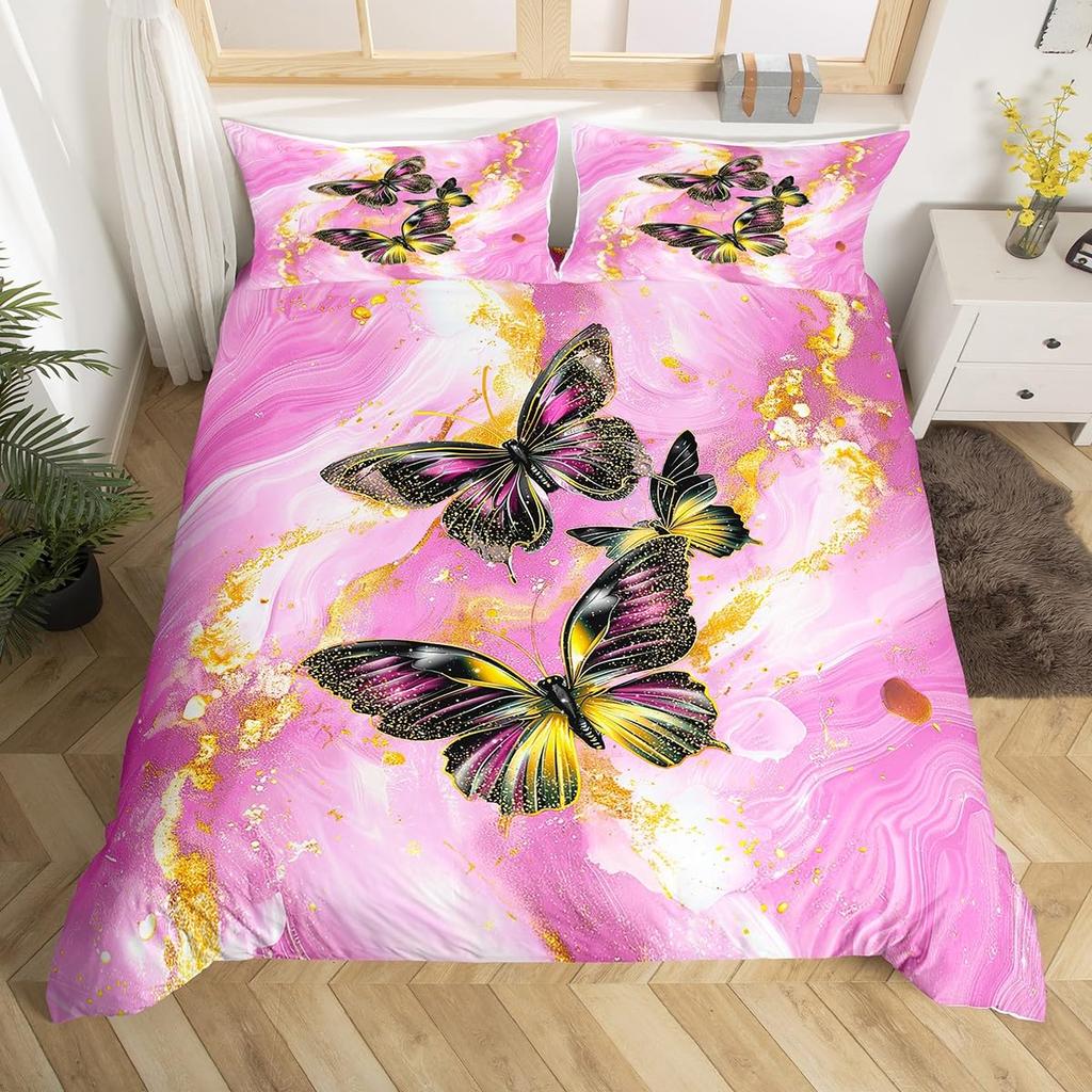 Black Marble Duvet Cover Set Teal Butterfly Comforter Cover,Red Marbling Bedding Sets Full,Abstract Ombre Ink Fluid Art Bed Set