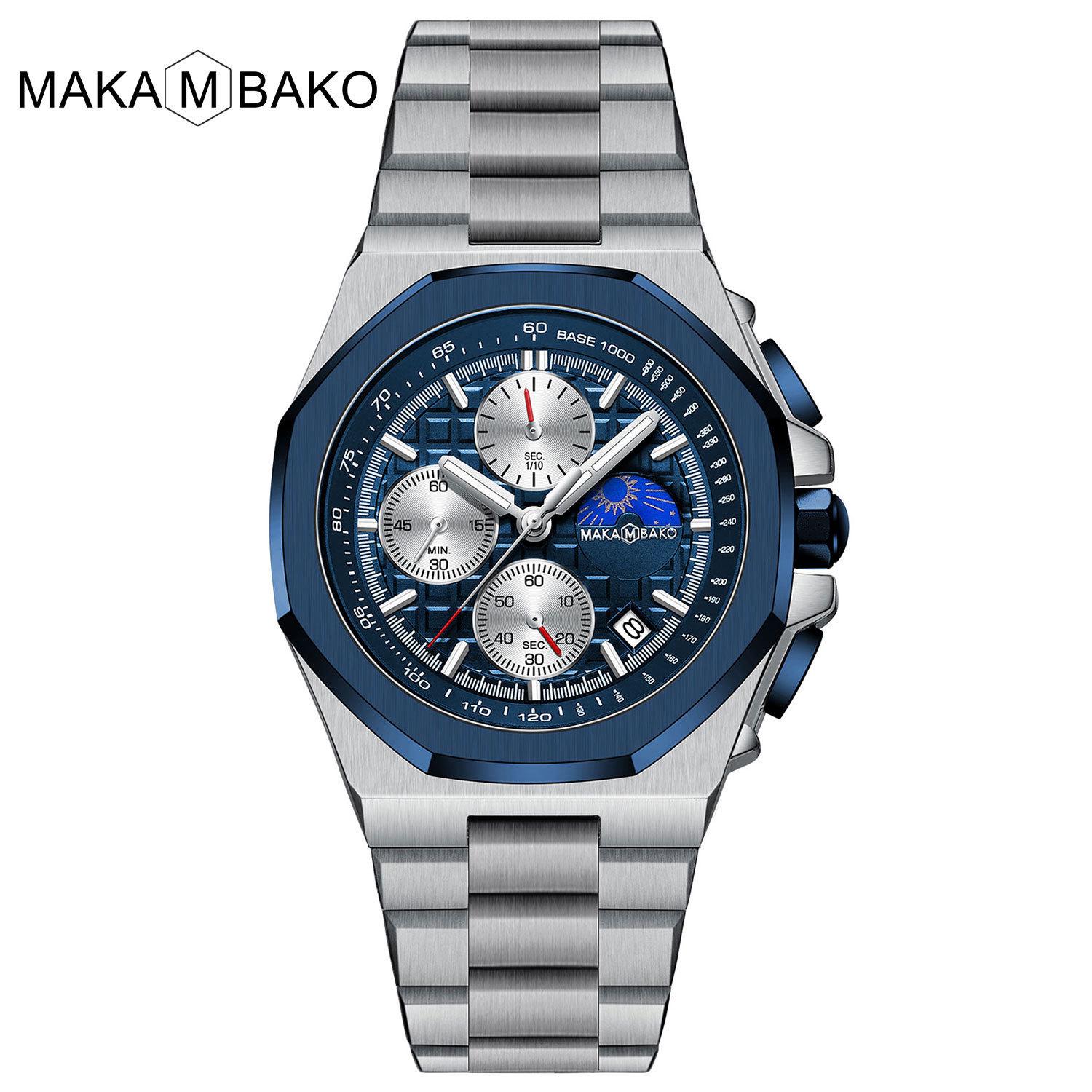 

Мужские водонепроницаемые часы из нержавеющей стали с дизайном «Солнце, Луна и звезды», восьмиугольным корпусом и функцией календаря.