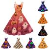 Women Halloween Print Off Shoulder Punk Vintage Dress Spaghetti Strap Sleeveless A-Line Midi Dress for Costume Party