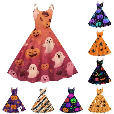 Women Halloween Print Off Shoulder Punk Vintage Dress Spaghetti Strap Sleeveless A-Line Midi Dress for Costume Party