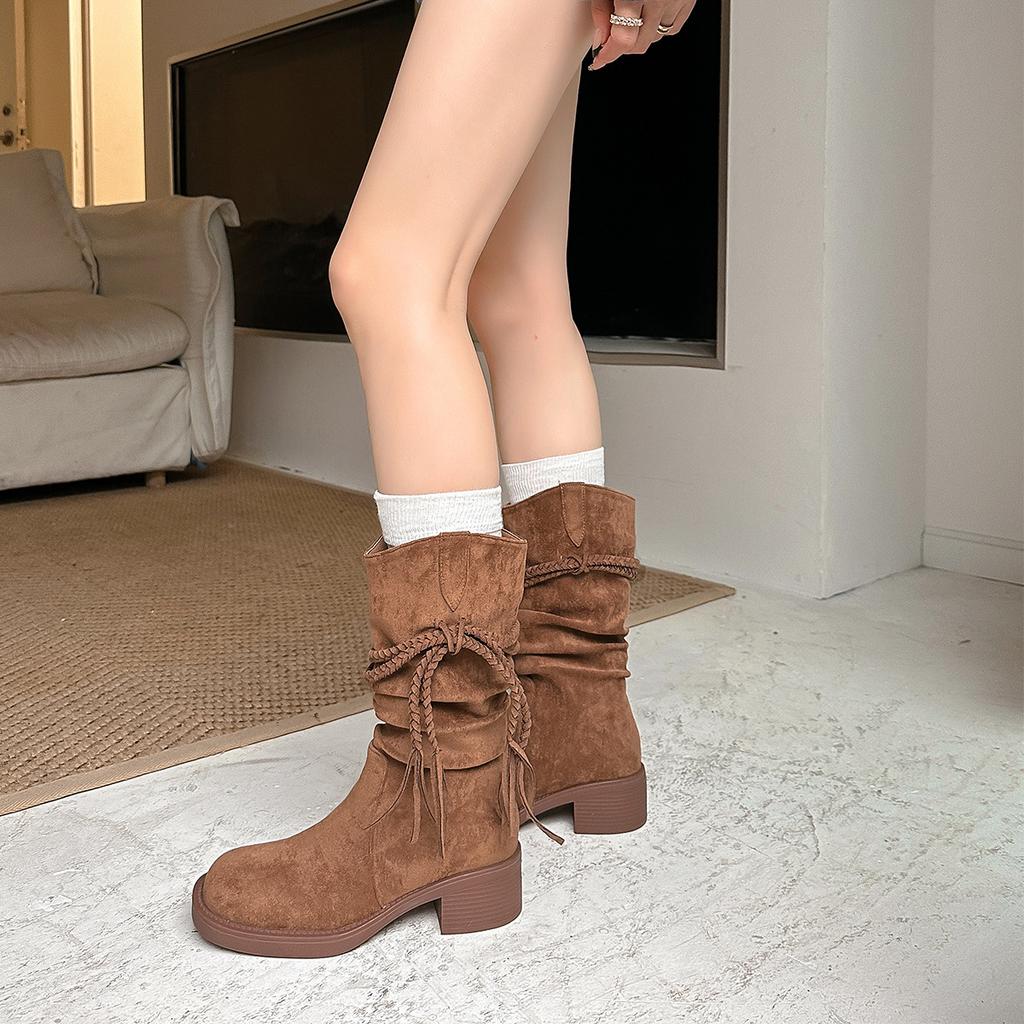 Retro wasteland fringed knight boots women's 2025 autumn new thick heel but knee boots slim pile boots