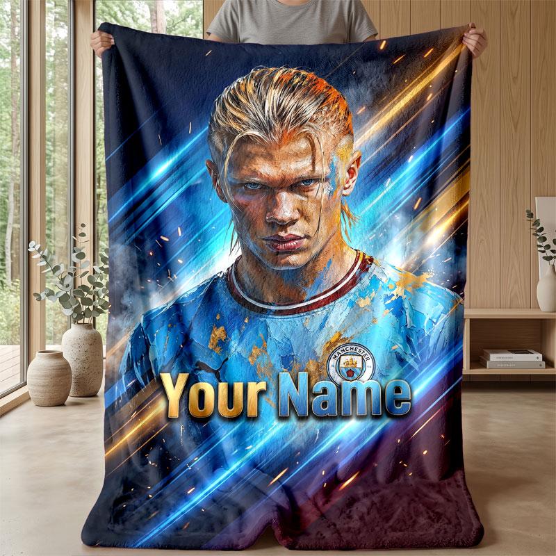 Erling Haaland Custom Name Text Flannel Blanket Soccer Logo Personalized Fleece Throw Blanket Special Gift For Sofa Bedroom Home