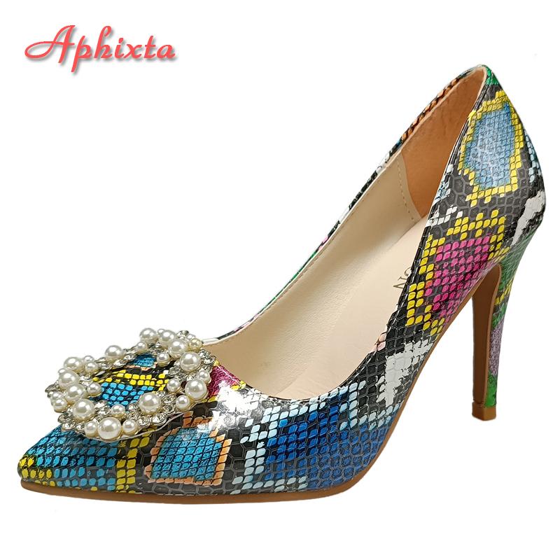 Aphixta 2025 New Pearl Buckle Pointed Toe 3.94 Inch Thin Heels Women Shoes Snake Prints Leather Leisure Plus Size 46