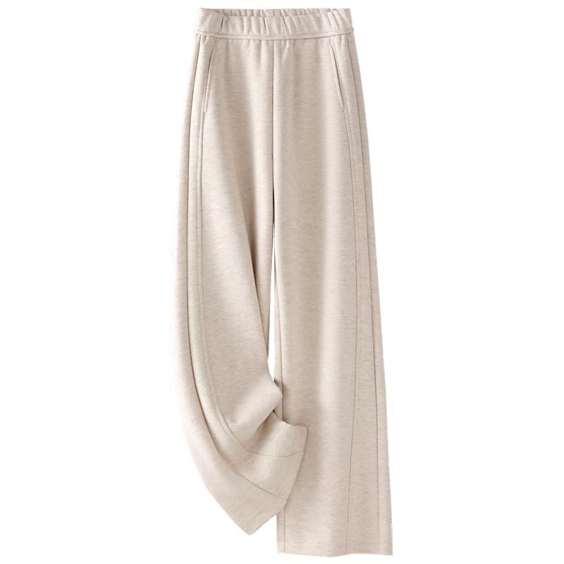 Women's Beige Cashmere Wool Blend Wide-Leg Pants with Fleece Lining - Autumn/Winter 2024 Collection