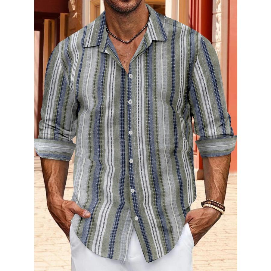 European Size Top Spring Autumn Striped Shirts Button Up Men's Casual Lapel Collar Long Sleeve Shirt