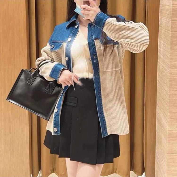 Autumn New Jacket Women Sweaters Coat Patchwork Wadded Coat Cardigan Knitting Pockets Fake Two-Piece Sweater