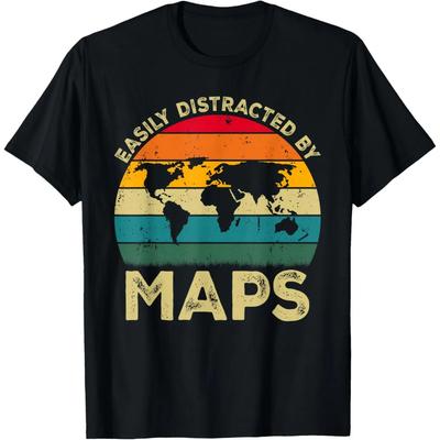 Easily Distracted By Maps Funny Geography Teacher T Shirts Men Streetwear Tee Shirt Short Sleeve Unisex Loose Clothing