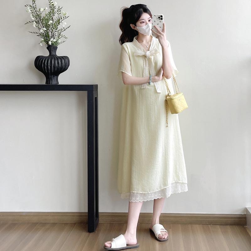 

Trendy Maternity Lace Patchwork Summer Dress - Loose, Plus Size, Belly Covering 2XL жовтий