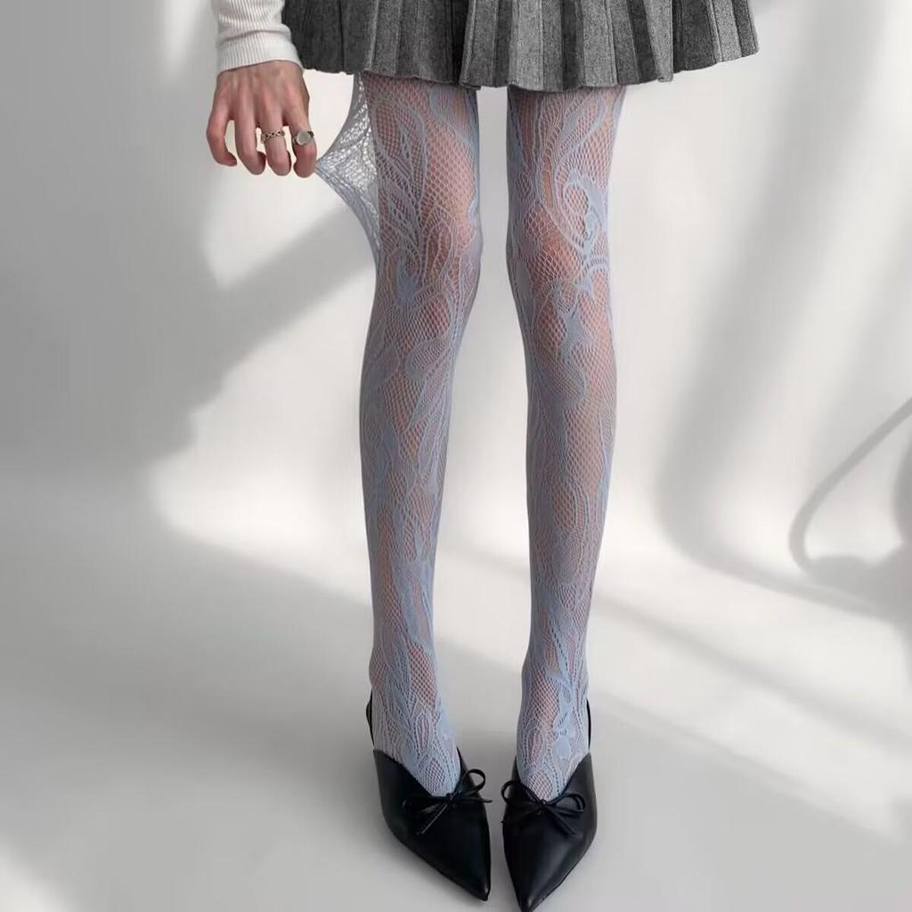 Retro Floral Jacquard Fishnet Stockings, Y2K Black Anti-Snag Stockings for Women