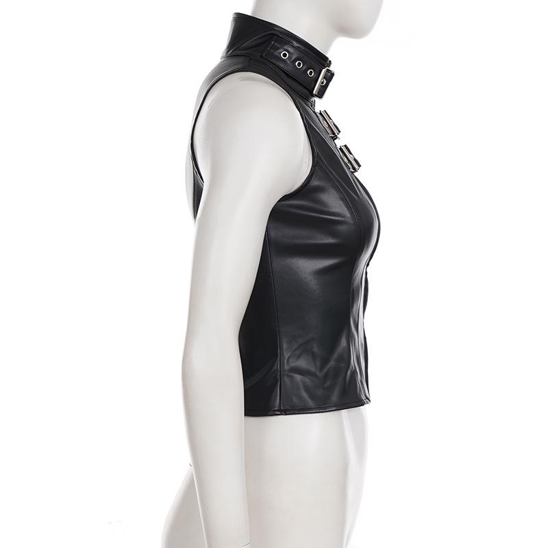 Gothic Punk Dark Style Leather Vest - Metal Decorated Sleeveless Top for Motorcycle & Cool Girl Group