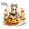Adhesive Free Decal Vintage Patch Ghost Static Window Clings, Halloween Thanksgiving Pumpkin Bow Maple Leaf Retro Fabric Glass Stickers, Reusable