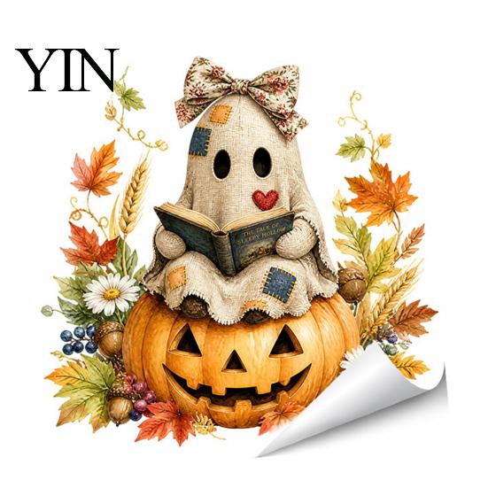 Adhesive Free Decal Vintage Patch Ghost Static Window Clings, Halloween Thanksgiving Pumpkin Bow Maple Leaf Retro Fabric Glass Stickers, Reusable