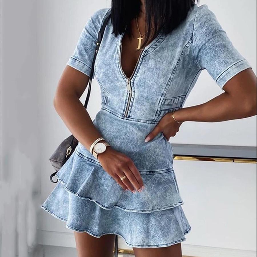 Rochie de vară mini casual din denim, cu mânecă scurtă și decolteu în V ()