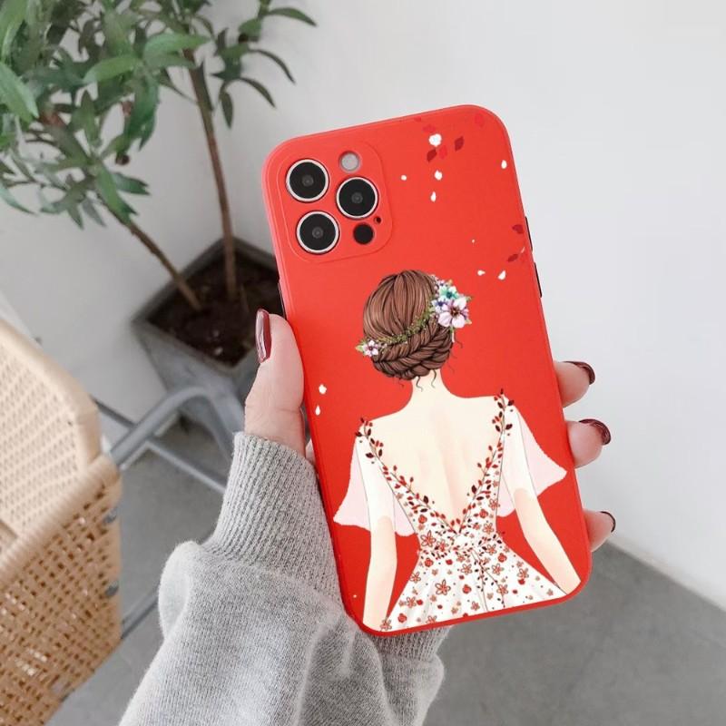 Girl In Red Dress Phone Case For IPhone 14 11 12 13 Pro Max X XR XSMax 6 6S 7 8 Plus SE 2022 Soft Square Color Phone Cover