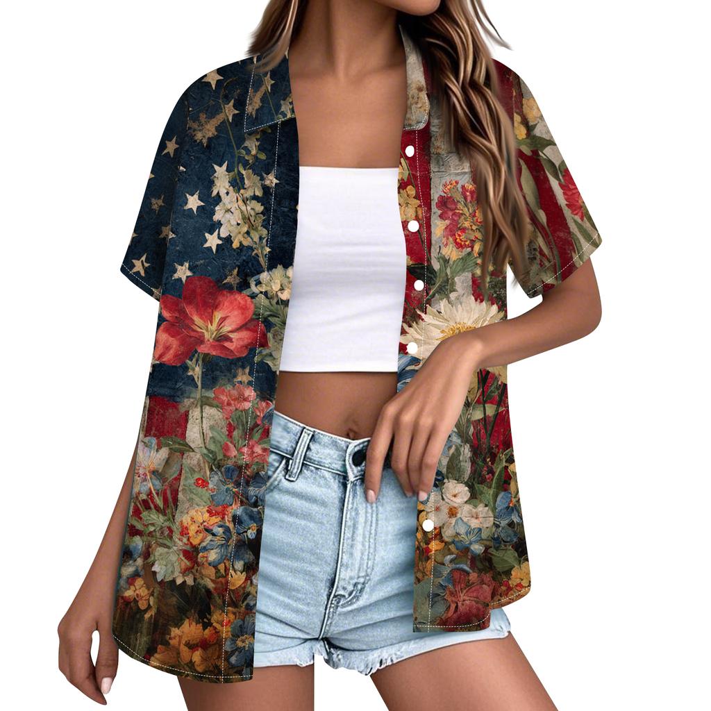 Short Sleeve Button Down Shirt for Women with Floral and Stars Print Loose Fit Lapel Collar Lightweight Top Blouse