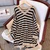 Striped V-neck Knitted Long Sweater Dress Women's Spring Autumn Loose Plus Size Elegant Casual Mid Knitted Dresses