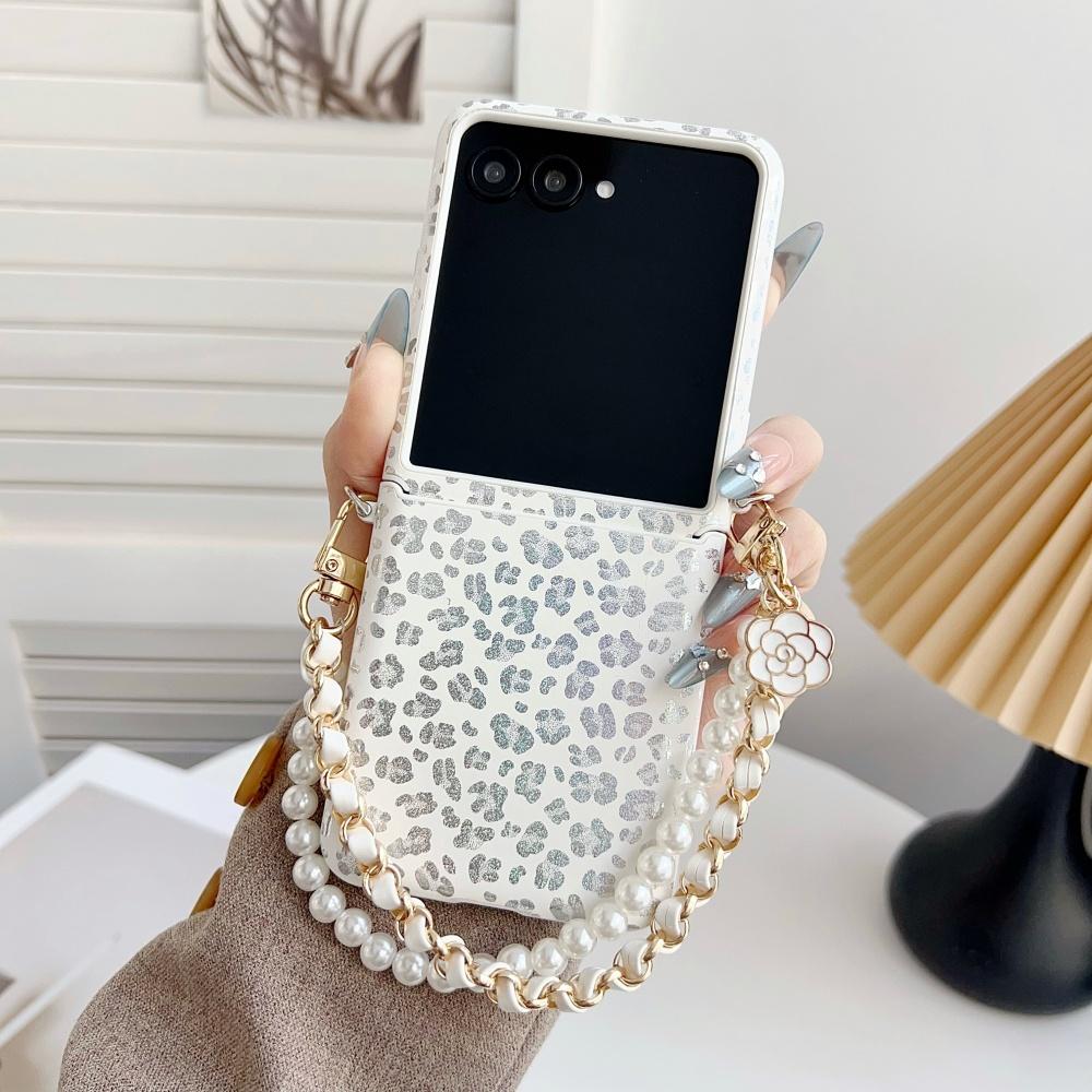 Laser Leopard Print Lanyard Phone Case For Samsung Galaxy Z Flip 8 7 6 5 Flip7 FE Foldable Bracelet Shockproof Protective Cover
