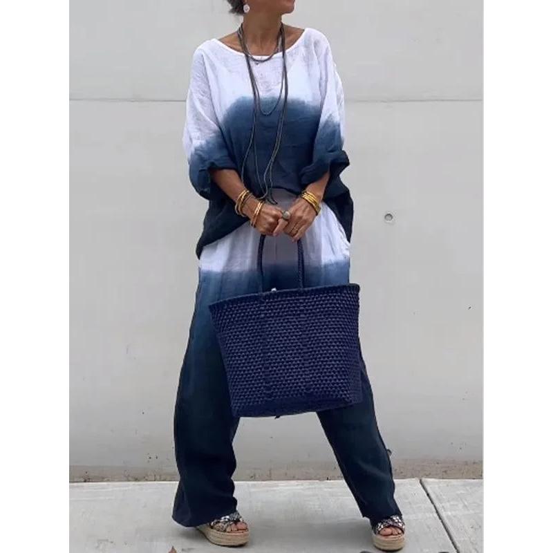 Damen Set Modisches Baumwoll- und Leinen-Verlaufs-Langarm-Rundhals-Oberteil und Gerade Hose Zweiteiler