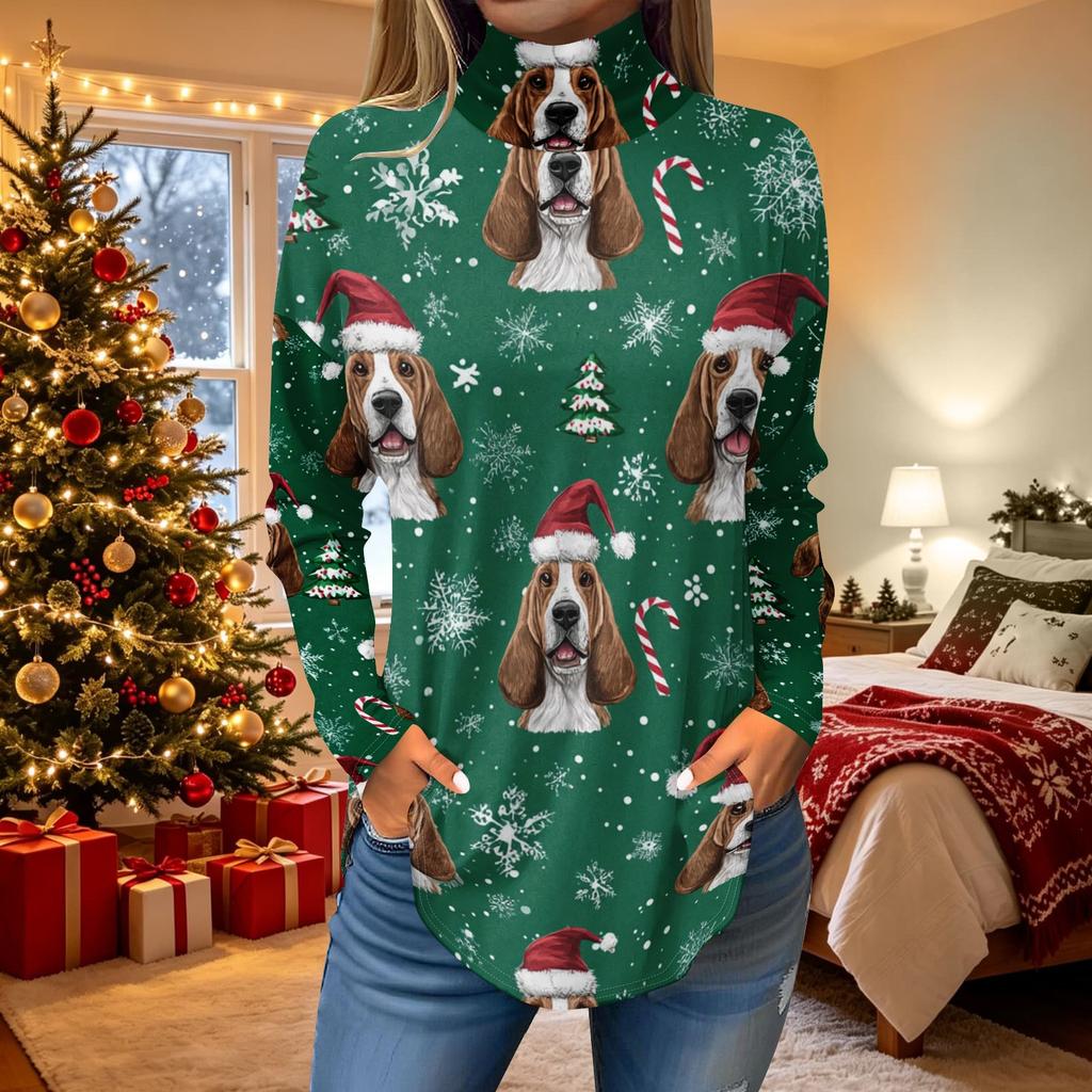 Women's Loose Fit Turtleneck Christmas Print Long Sleeve Pullover Top for Holiday