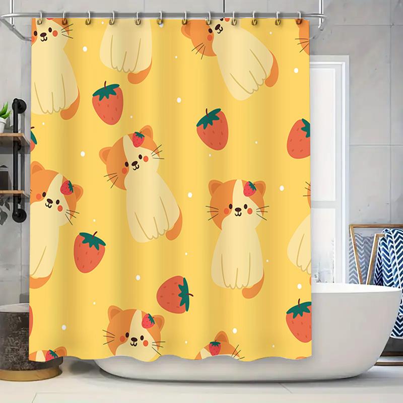 

Cute Cat Strawberry Shower Curtain Yellow Bath Decor For Kids Bathroom Printed Polyester Fabric Waterproof Shower Liner Creative W60H190(CM)-1 Pcs