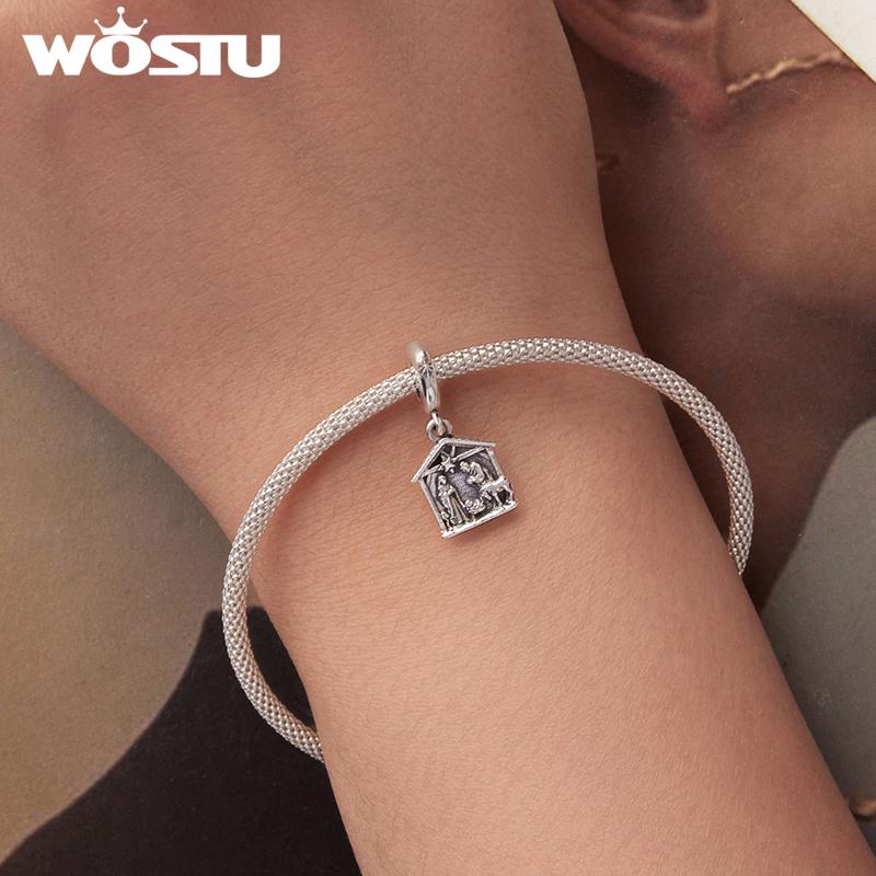 WOSTU Vintage 925 Sterling Silber Jesus Krippe Anhänger Die Geburt Jesu Anhänger Passend für DIY Armband Halskette