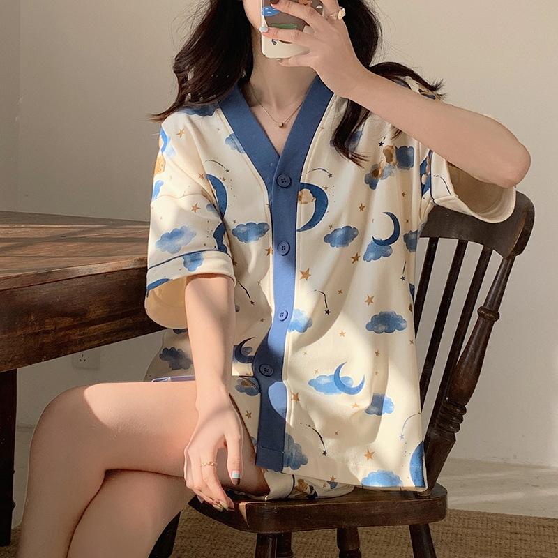 Pajamas Women'S Short-Sleeved Shorts Thin Korean Version Style Sweet Cartoon Loungewear Suit Can Be Worn Outside