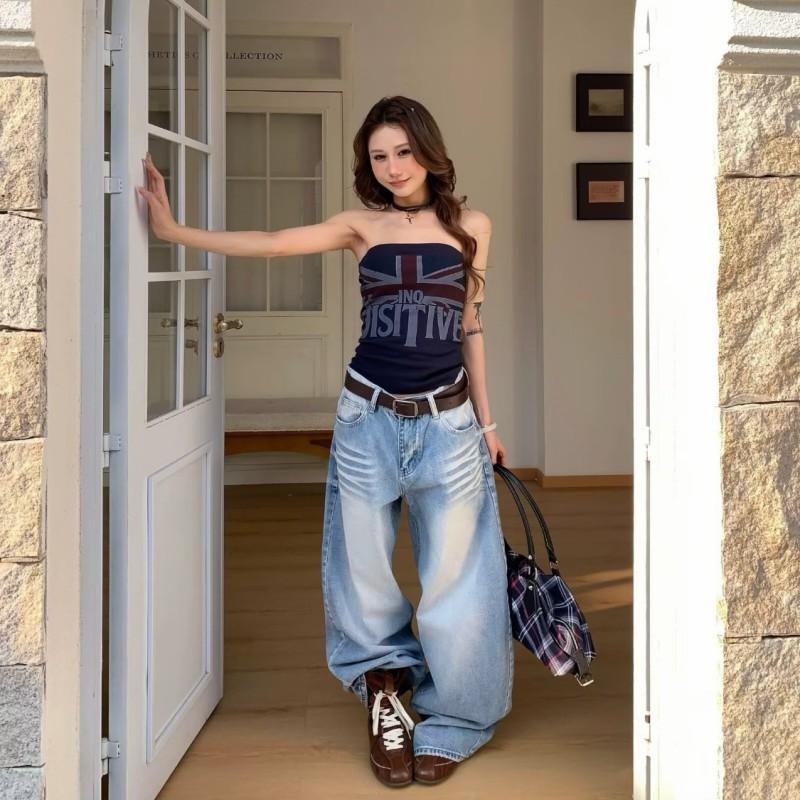 Womens Distressed Light Wash Denim Pants Vintage Low-Rise Wide Leg Straight Cut Casual Jeans