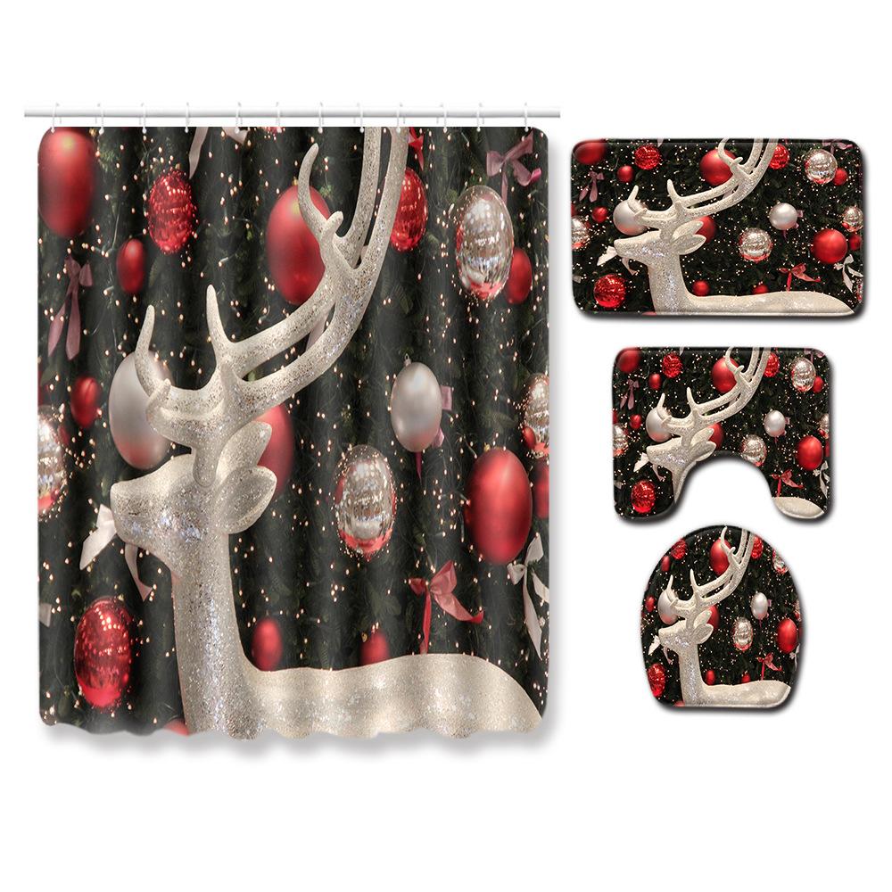 Christmas Shower Curtain Floor Mat Combination Four-Piece Set Bathroom Toilet Carpet Shower Room Mat Foot Mat