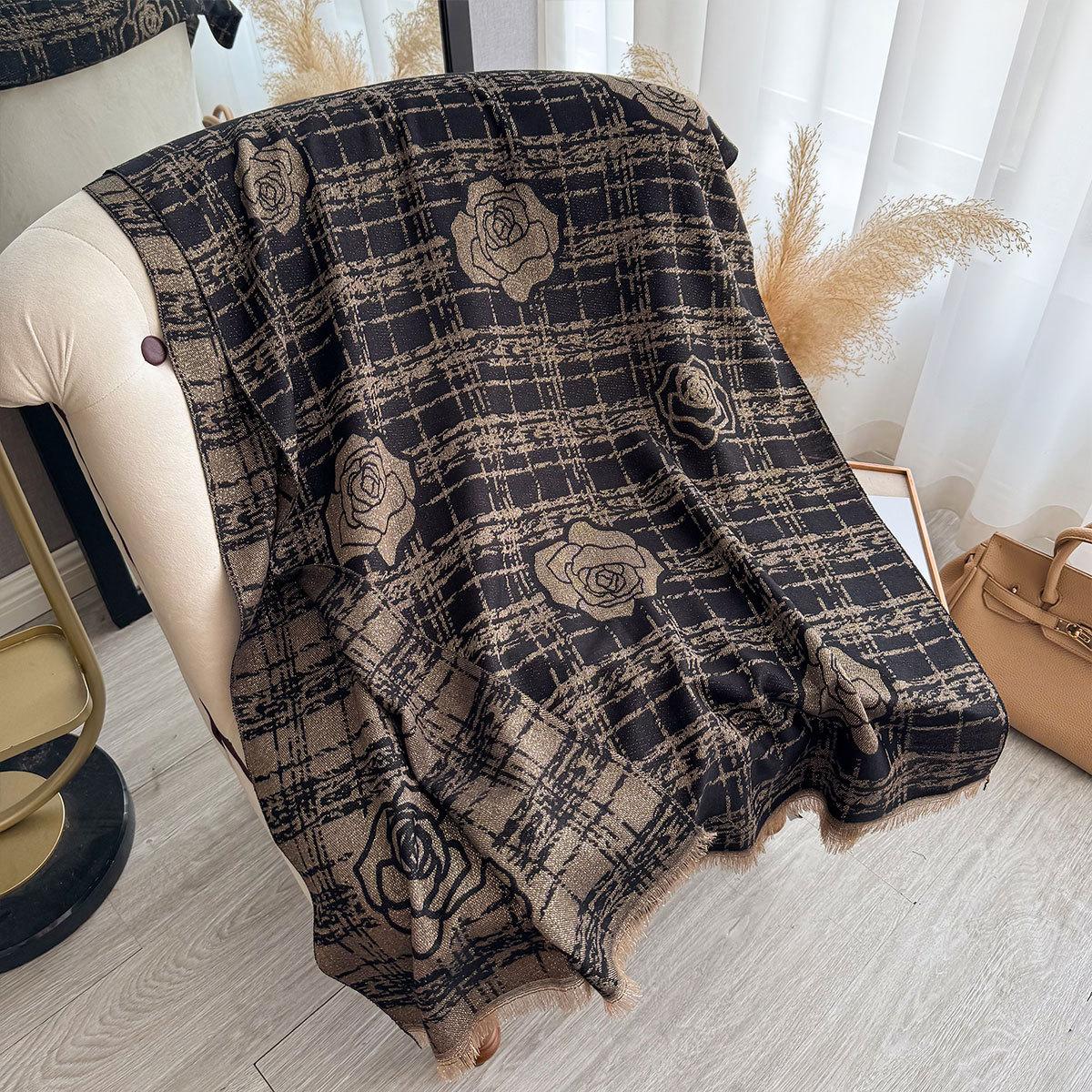 

New Shawl Women s Imitation Cashmere with Double-sided Scarf Camellia Fringed Cape 185*65CM чорний
