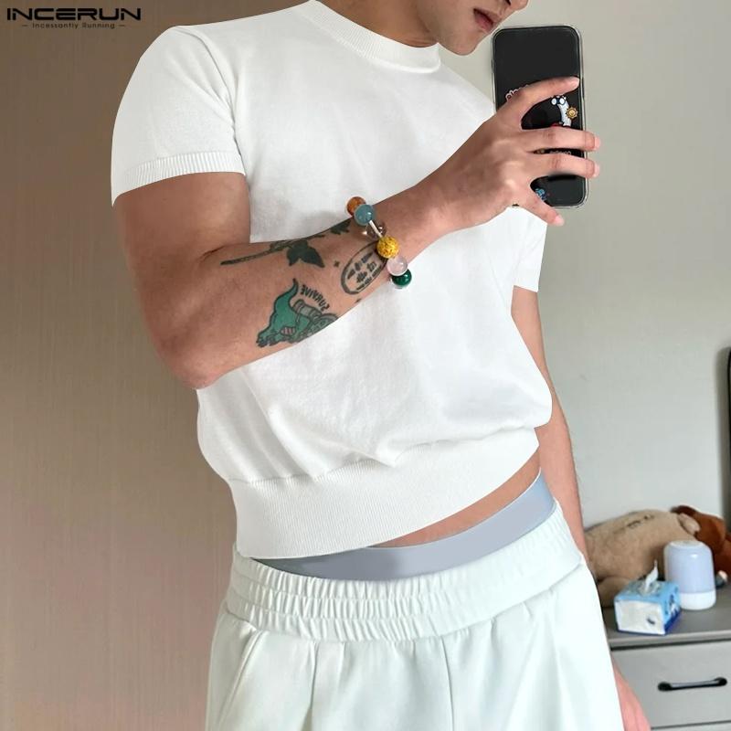 

INCERUN Men Round Neck Short Sleeve Solid Color Casual Cropped T-shirts L чорний