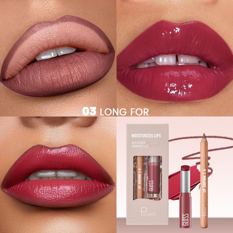 2 ks Sady kombinací tužky na rty, lesku na rty a rtěnky, efekt vodního světla s vysokým leskem, lesklá želé pevná rtěnka a matná konturovací tužka na rty pro konturovací make-up