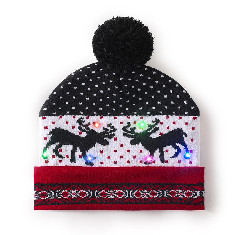 Stock Cross-Border Christmas Cartoon Pattern LED Multicolor Illumination Adult Jacquard Knit Beanie Men s Women s Knitted Hat
