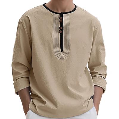 Men's Casual Henley Neck Long Sleeve Tunic Top with Pleated Detail