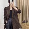 Womens Vintage Leopard Print Oversized Blazer Lapel Collar Long Sleeve Double Breasted Loose Suit Jacket Streetwear Office Fall Coat