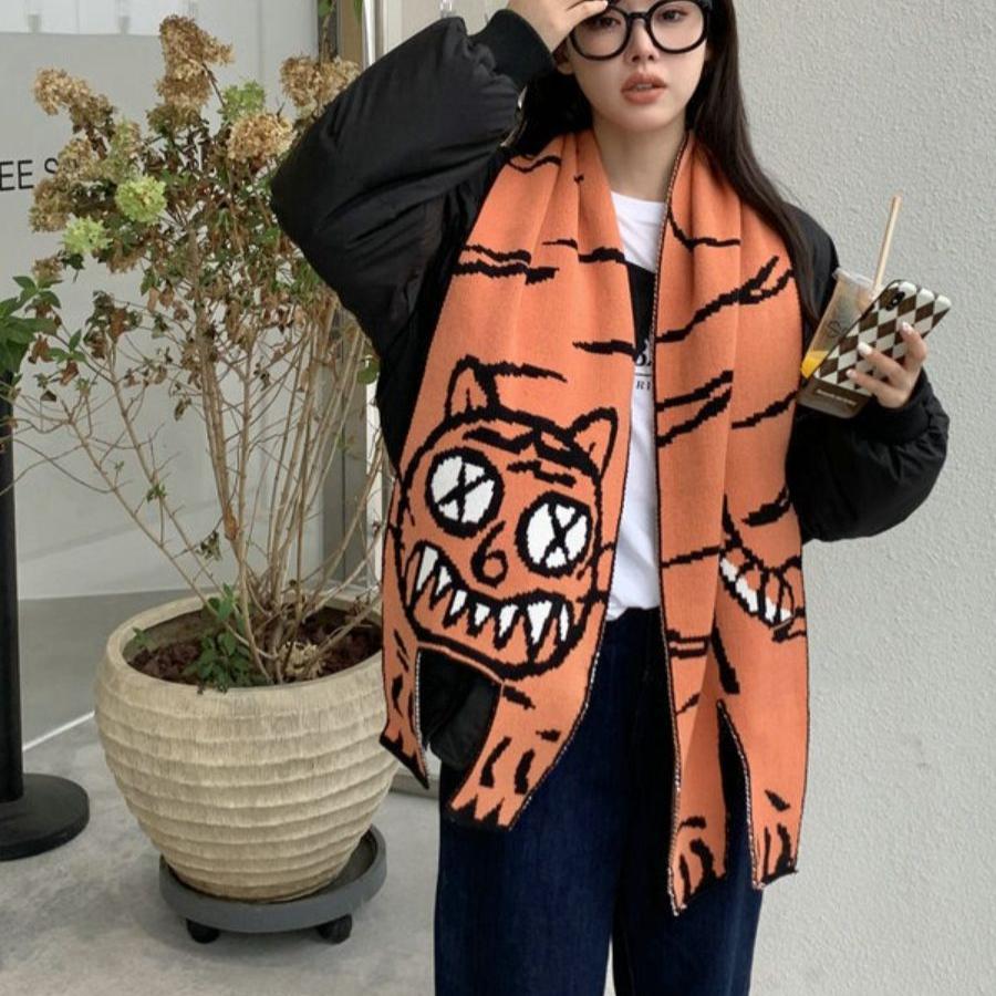 Koreanischer Wollstrickschal Niedlicher Katzenschal Pashmina Schal Damen Winterschal Warmer Foulard Schal für Damen