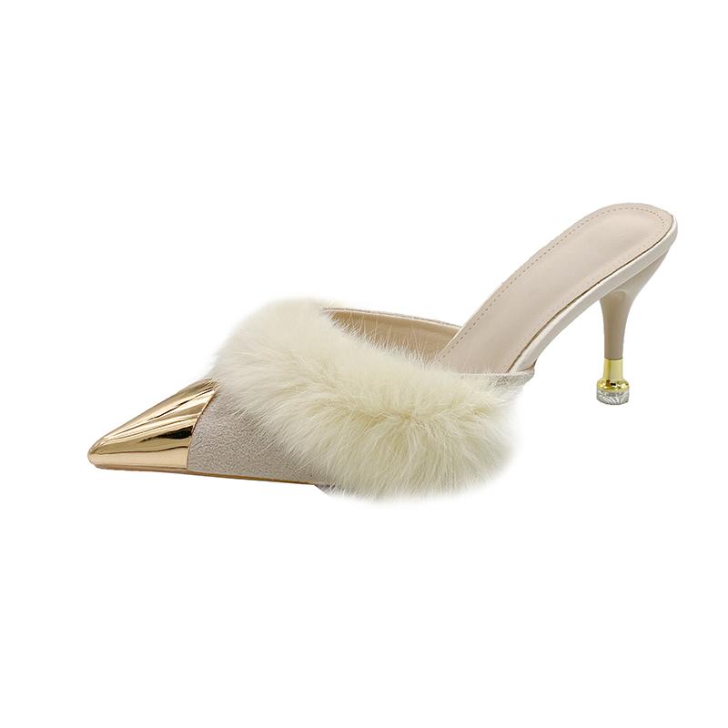 Fashion Women's Metal Pointed High Heels Spring Baotou Shallow Mouth Leather Cover Foot Anti-slip Wear-resistant Slippers