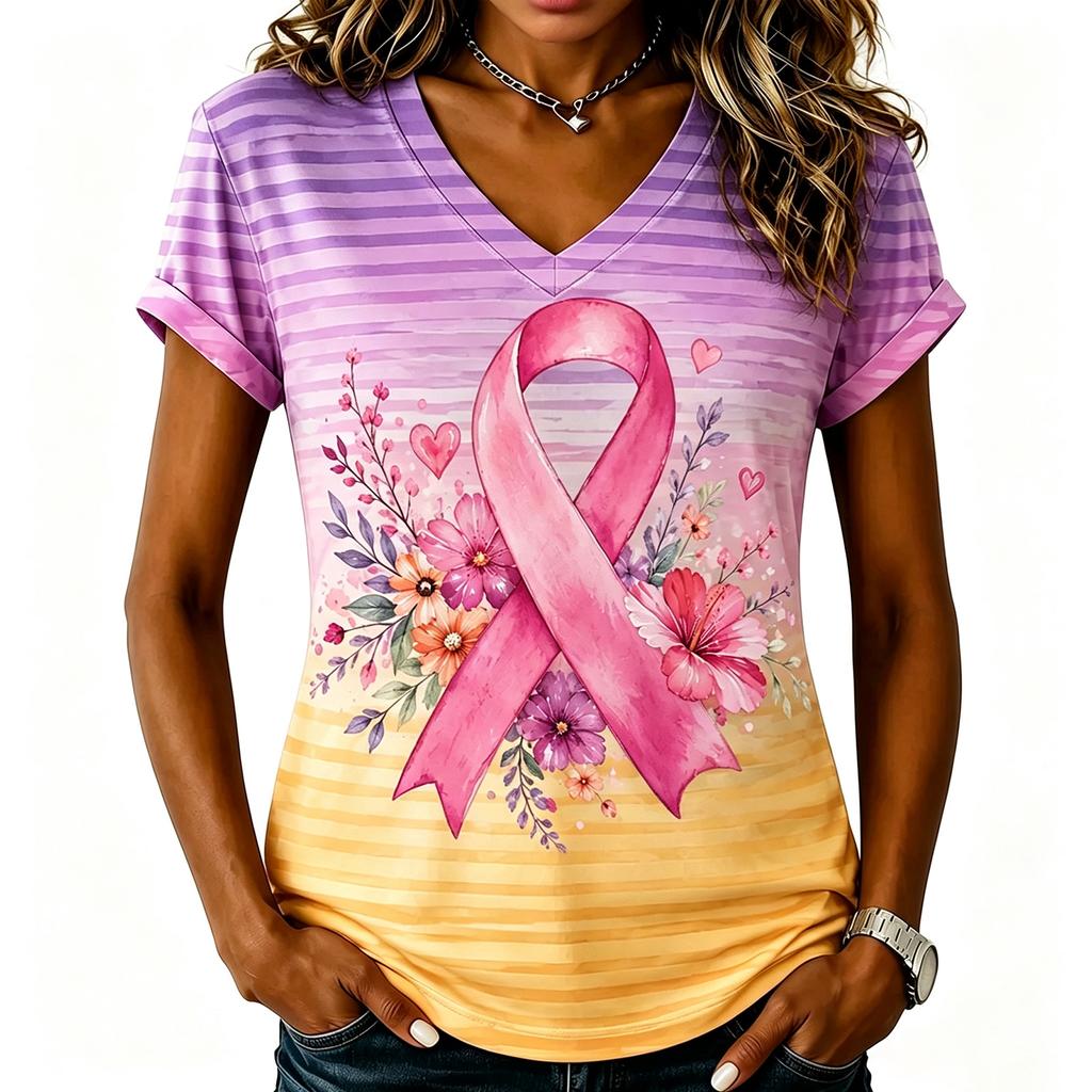Women's Fashion Casual Short Sleeve V-Neck T-Shirt with Breast Awareness Print for Daily Wear