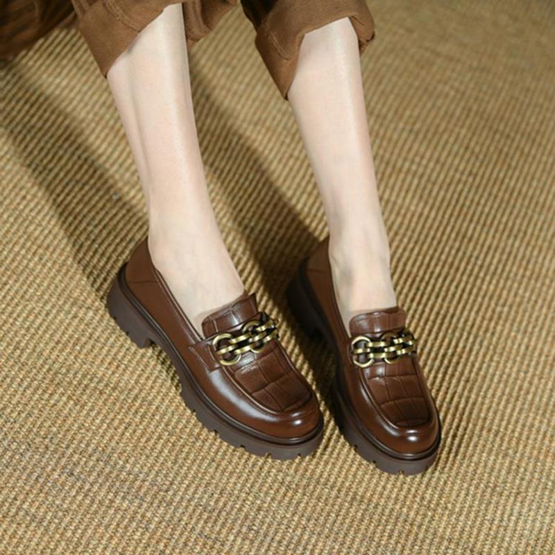 Fashion /Autumn Women Shoes Platform Shoes Women Round Toe Chunky Heel Shoes Women Loafers Leather Shoes Plaid Metal Pumps