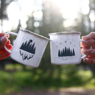 Nachtwald Berg Druck Emaille kreative Kaffee Tee Wasser Milch Tassen Camping Tassen Griff Trinkgeschirr Urlaub Wandern Becher Geschenke